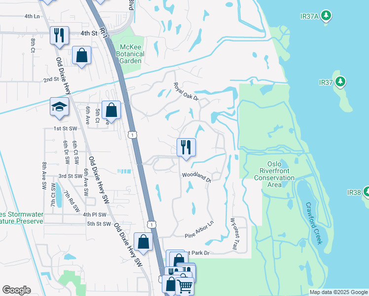 map of restaurants, bars, coffee shops, grocery stores, and more near 57 Woodland Drive in Vero Beach