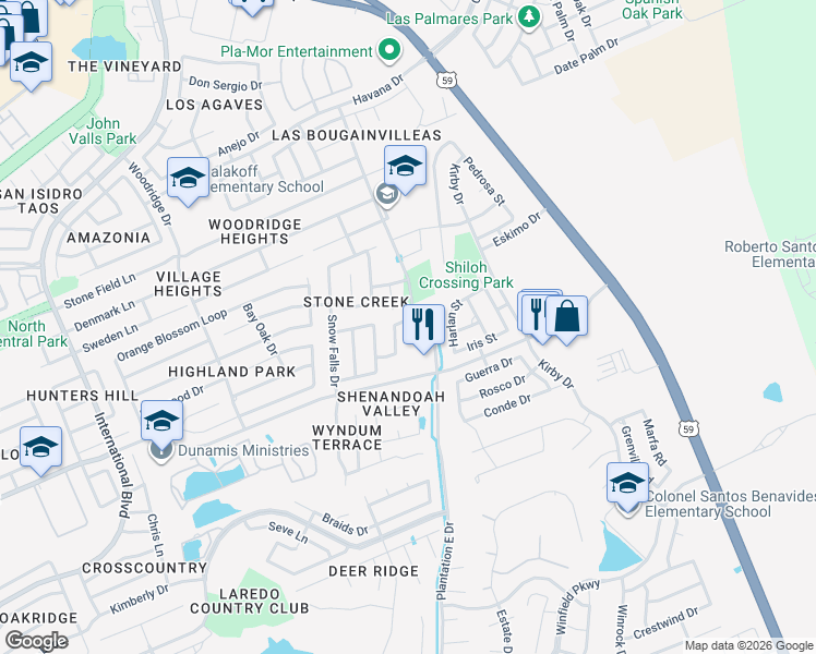 map of restaurants, bars, coffee shops, grocery stores, and more near 9202 Backwoods Trail in Laredo