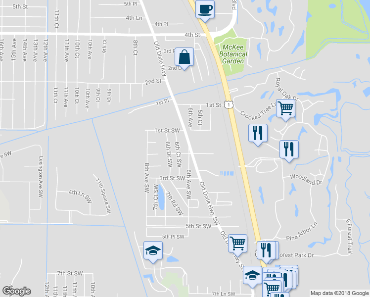 map of restaurants, bars, coffee shops, grocery stores, and more near 171 6th Avenue Southwest in Vero Beach