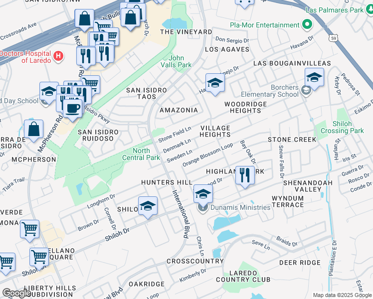map of restaurants, bars, coffee shops, grocery stores, and more near 1620 Sweden Lane in Laredo
