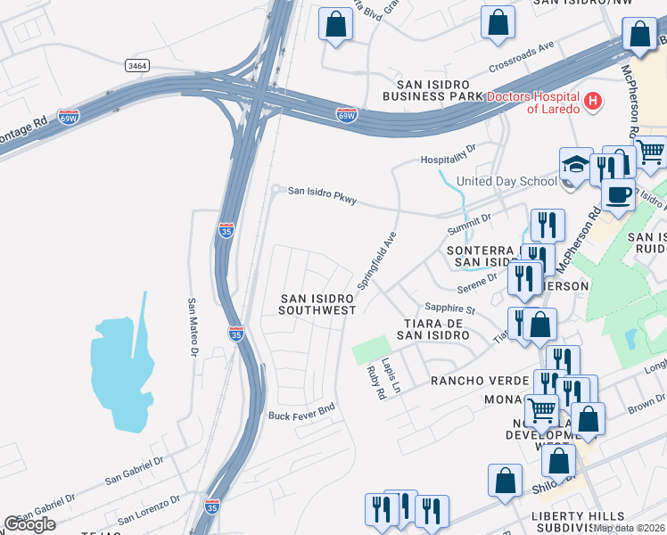 map of restaurants, bars, coffee shops, grocery stores, and more near 1437 Chital Drive in Laredo
