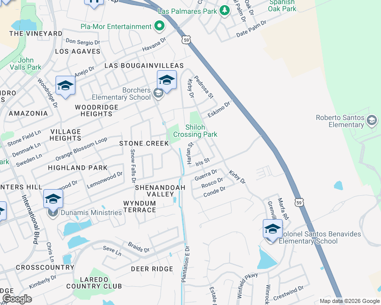 map of restaurants, bars, coffee shops, grocery stores, and more near 1113 Harlan Street in Laredo