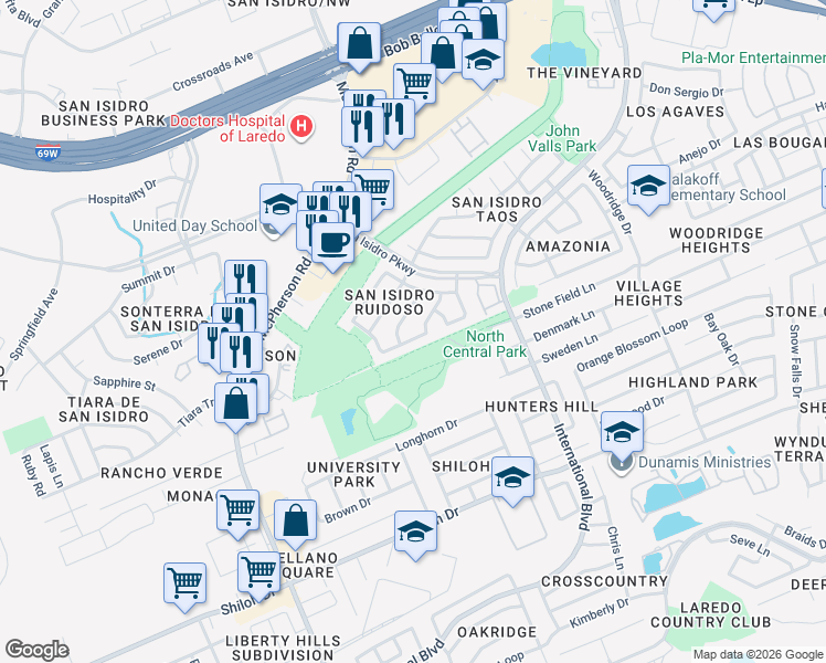 map of restaurants, bars, coffee shops, grocery stores, and more near 10122 Montoya Dr in Laredo