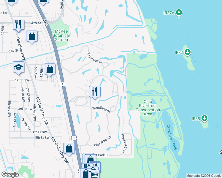 map of restaurants, bars, coffee shops, grocery stores, and more near 48 Woodland Drive in Vero Beach
