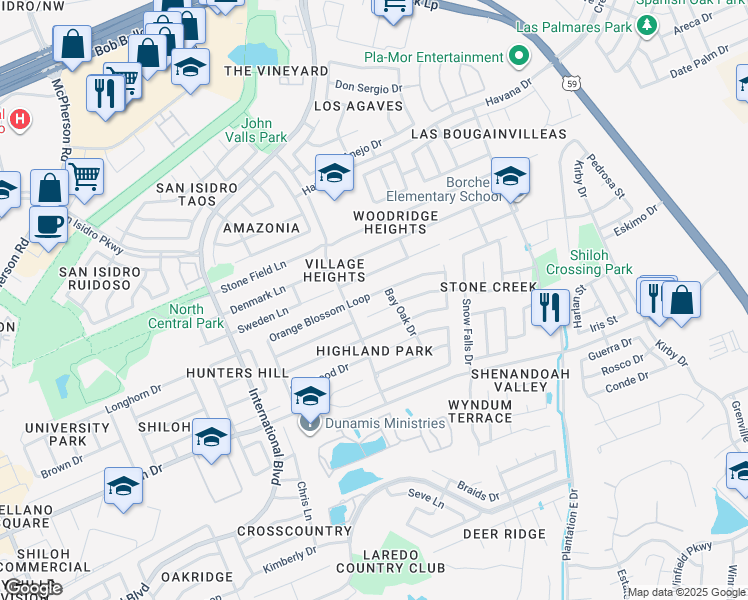 map of restaurants, bars, coffee shops, grocery stores, and more near 1806 Vinewood Oak Court in Laredo