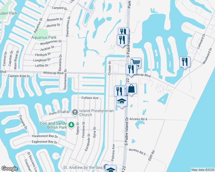 map of restaurants, bars, coffee shops, grocery stores, and more near 14158 Bounty Avenue in Corpus Christi