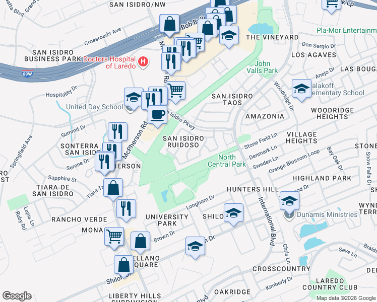 map of restaurants, bars, coffee shops, grocery stores, and more near 10122 Montoya Drive in Laredo