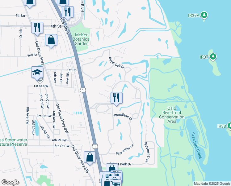 map of restaurants, bars, coffee shops, grocery stores, and more near 57 Woodland Drive in Vero Beach