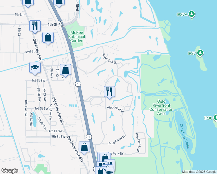 map of restaurants, bars, coffee shops, grocery stores, and more near 57 Woodland Drive in Vero Beach