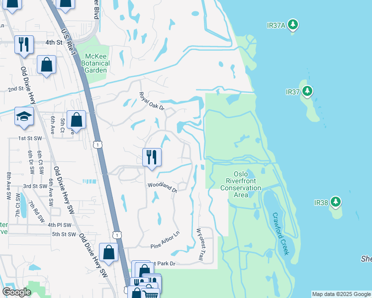 map of restaurants, bars, coffee shops, grocery stores, and more near 48 Woodland Drive in Vero Beach