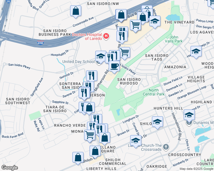 map of restaurants, bars, coffee shops, grocery stores, and more near 9811 Sterling Loop in Laredo