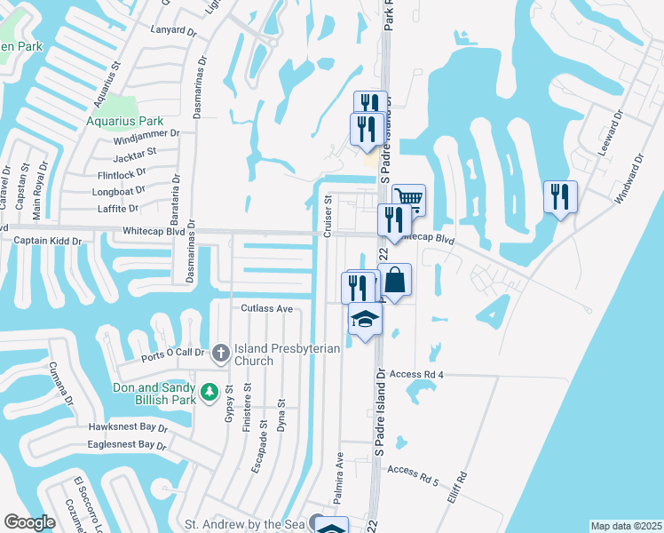 map of restaurants, bars, coffee shops, grocery stores, and more near 15322 Cruiser Street in Corpus Christi