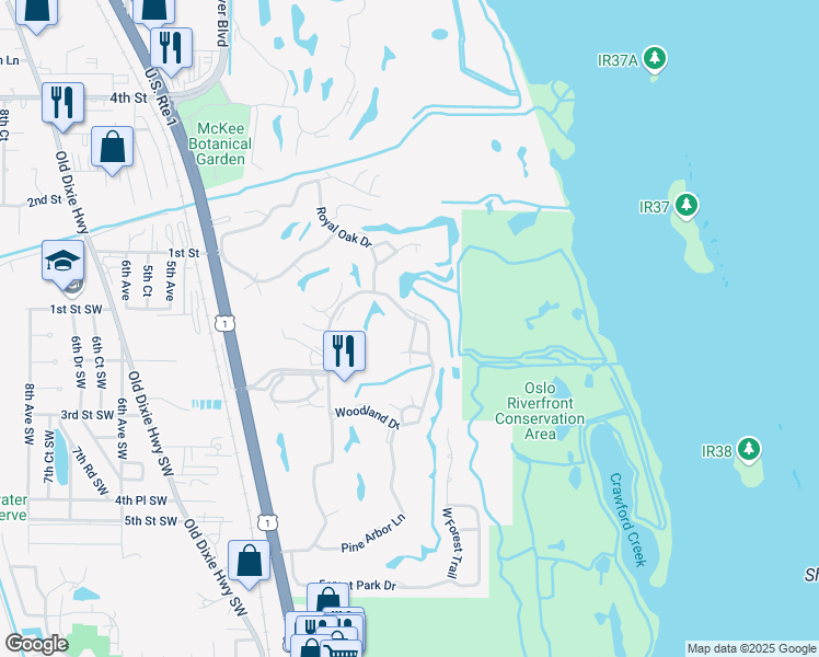 map of restaurants, bars, coffee shops, grocery stores, and more near 53 Woodland Drive in Vero Beach