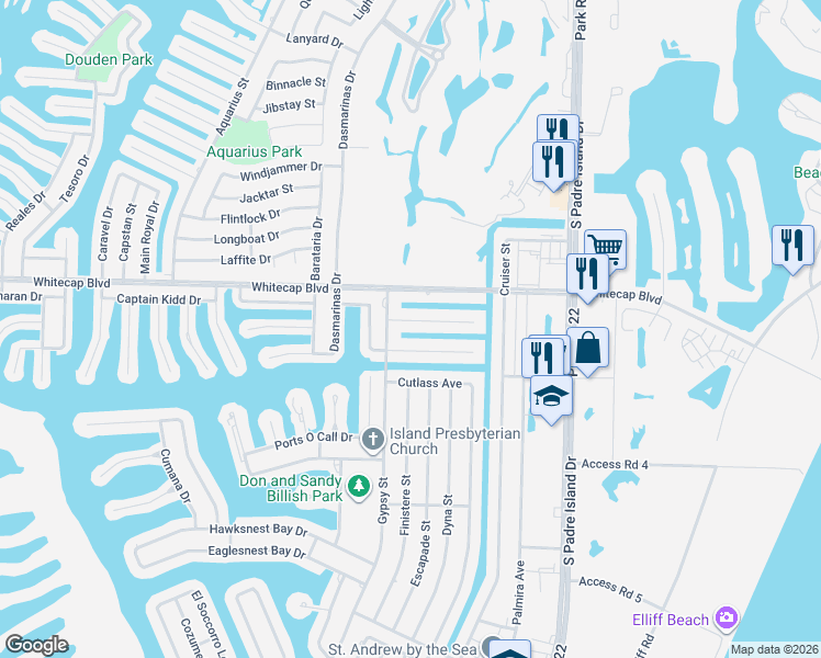 map of restaurants, bars, coffee shops, grocery stores, and more near 14110 Atascadera Avenue in Corpus Christi