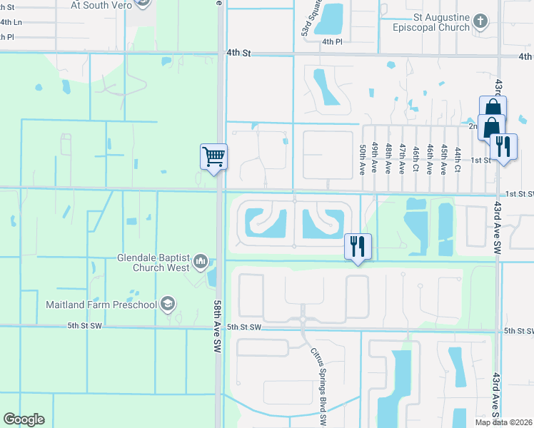map of restaurants, bars, coffee shops, grocery stores, and more near 5730 West 1st Square Southwest in Vero Beach
