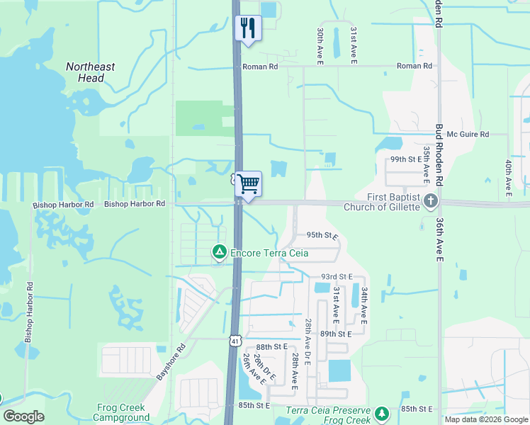 map of restaurants, bars, coffee shops, grocery stores, and more near 2519 Moccasin Wallow Road in Palmetto