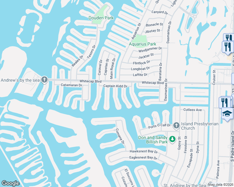 map of restaurants, bars, coffee shops, grocery stores, and more near 15305 Bowsprit Court in Corpus Christi
