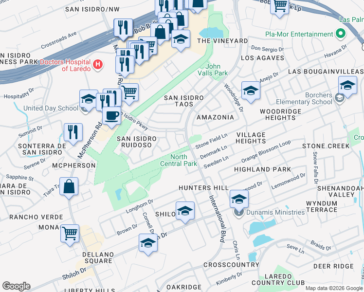map of restaurants, bars, coffee shops, grocery stores, and more near 2619 San Isidro Parkway in Laredo