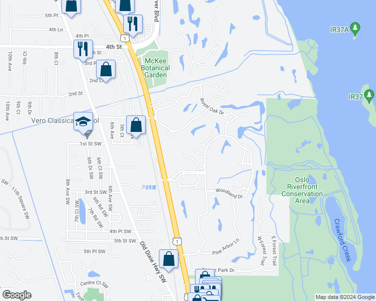 map of restaurants, bars, coffee shops, grocery stores, and more near 59 Woodland Drive in Vero Beach