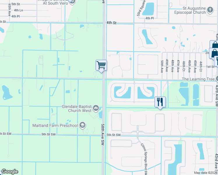 map of restaurants, bars, coffee shops, grocery stores, and more near 5679 West 1st Square Southwest in Vero Beach