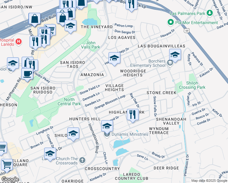 map of restaurants, bars, coffee shops, grocery stores, and more near Woodridge Drive in Laredo