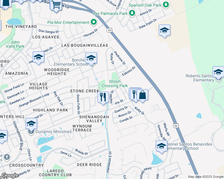map of restaurants, bars, coffee shops, grocery stores, and more near 1208 Harlan Street in Laredo