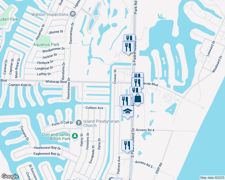 map of restaurants, bars, coffee shops, grocery stores, and more near 15313 Cruiser Street in Corpus Christi