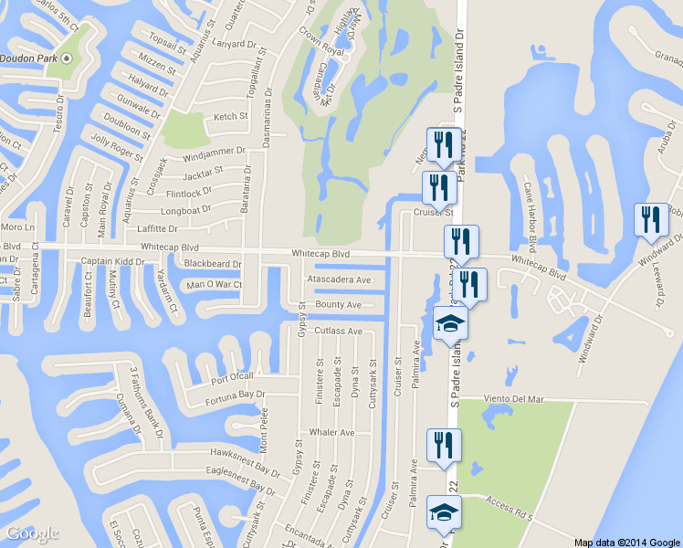 map of restaurants, bars, coffee shops, grocery stores, and more near 14138 Atascadera Avenue in Corpus Christi