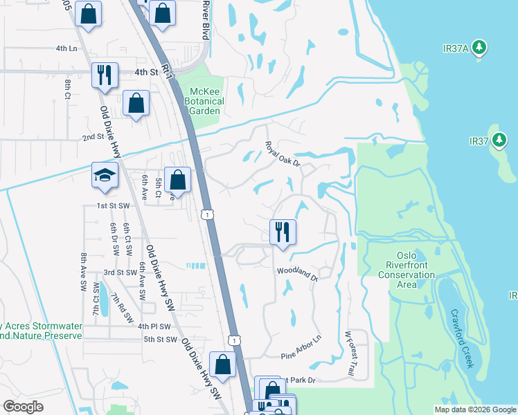 map of restaurants, bars, coffee shops, grocery stores, and more near 60 Woodland Drive in Vero Beach