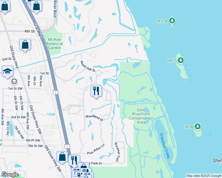 map of restaurants, bars, coffee shops, grocery stores, and more near 52 Woodland Drive in Vero Beach