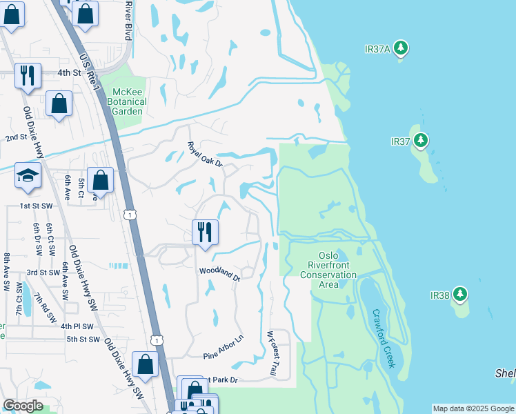 map of restaurants, bars, coffee shops, grocery stores, and more near 52 Woodland Drive in Vero Beach