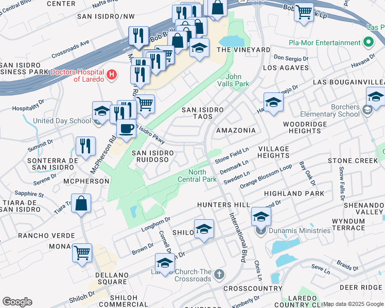map of restaurants, bars, coffee shops, grocery stores, and more near 2619 San Isidro Parkway in Laredo