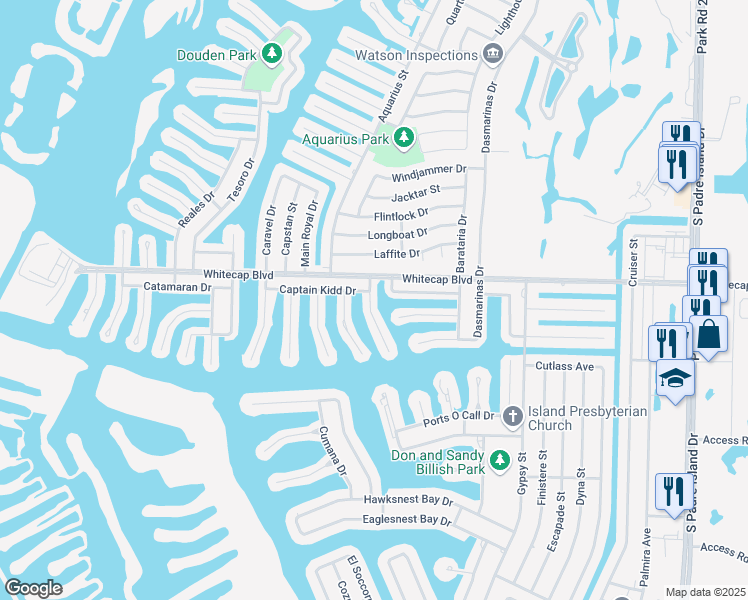 map of restaurants, bars, coffee shops, grocery stores, and more near 15322 Yardarm Court in Corpus Christi