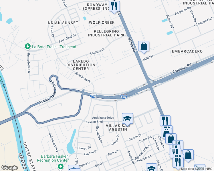 map of restaurants, bars, coffee shops, grocery stores, and more near 7802 Bob Bullock Loop in Laredo