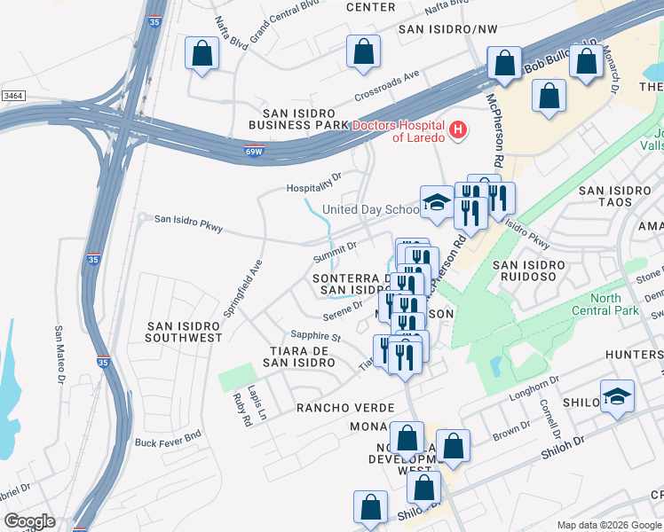 map of restaurants, bars, coffee shops, grocery stores, and more near 9826 Spindrift Drive in Laredo