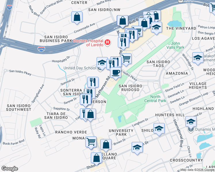 map of restaurants, bars, coffee shops, grocery stores, and more near 9902 Crystal Court in Laredo