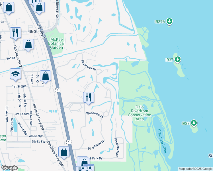 map of restaurants, bars, coffee shops, grocery stores, and more near 53 Woodland Drive in Vero Beach
