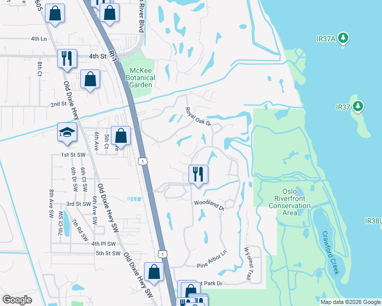 map of restaurants, bars, coffee shops, grocery stores, and more near in Vero Beach