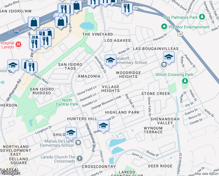 map of restaurants, bars, coffee shops, grocery stores, and more near 1759 Denmark Lane in Laredo