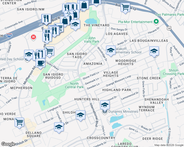 map of restaurants, bars, coffee shops, grocery stores, and more near 1622 Stone Field Lane in Laredo