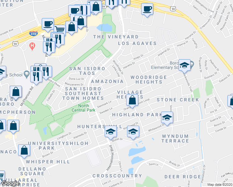 map of restaurants, bars, coffee shops, grocery stores, and more near 1713 Stone Field Lane in Laredo