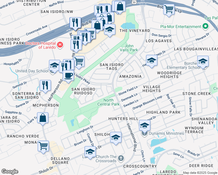 map of restaurants, bars, coffee shops, grocery stores, and more near 2619 San Isidro Parkway in Laredo