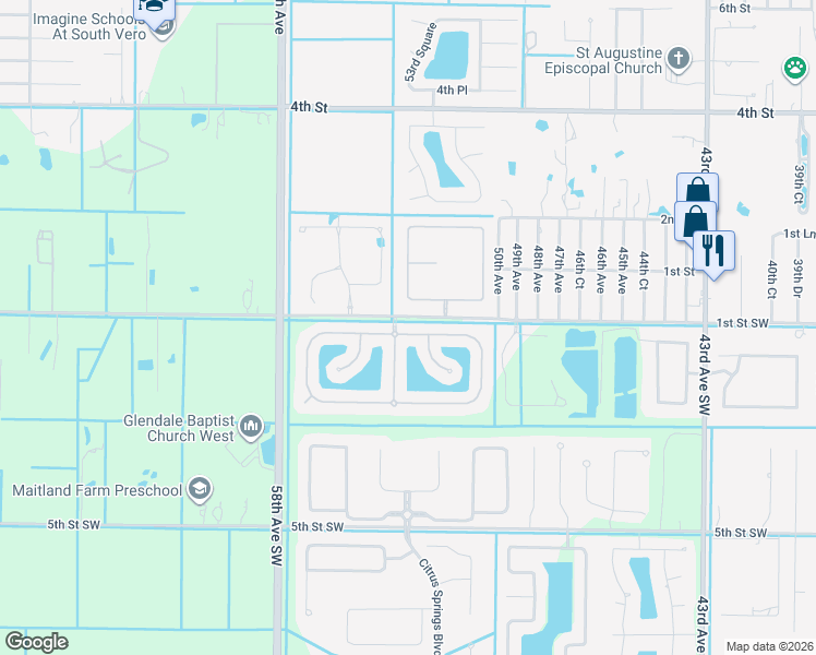 map of restaurants, bars, coffee shops, grocery stores, and more near 5020 East 1st Square Southwest in Vero Beach