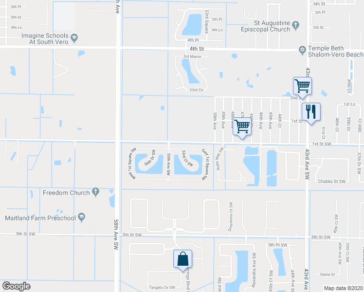 map of restaurants, bars, coffee shops, grocery stores, and more near 5055 East 1st Square Southwest in Vero Beach