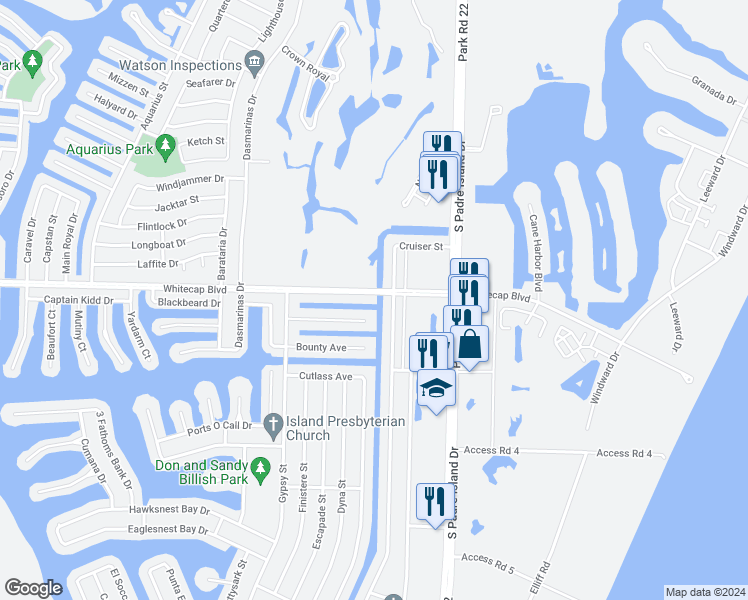 map of restaurants, bars, coffee shops, grocery stores, and more near 14157 Whitecap Boulevard in Corpus Christi