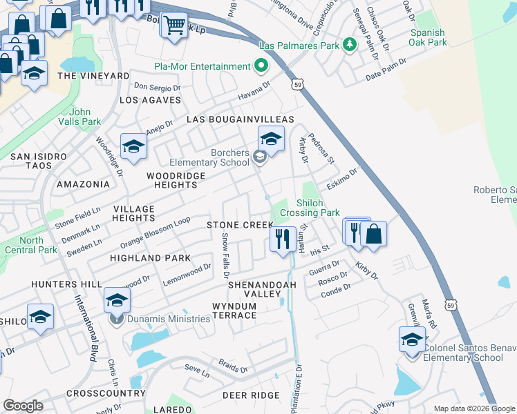 map of restaurants, bars, coffee shops, grocery stores, and more near 9113 Tundra Avenue in Laredo