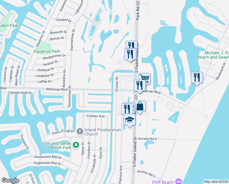 map of restaurants, bars, coffee shops, grocery stores, and more near 14157 Whitecap Boulevard in Corpus Christi