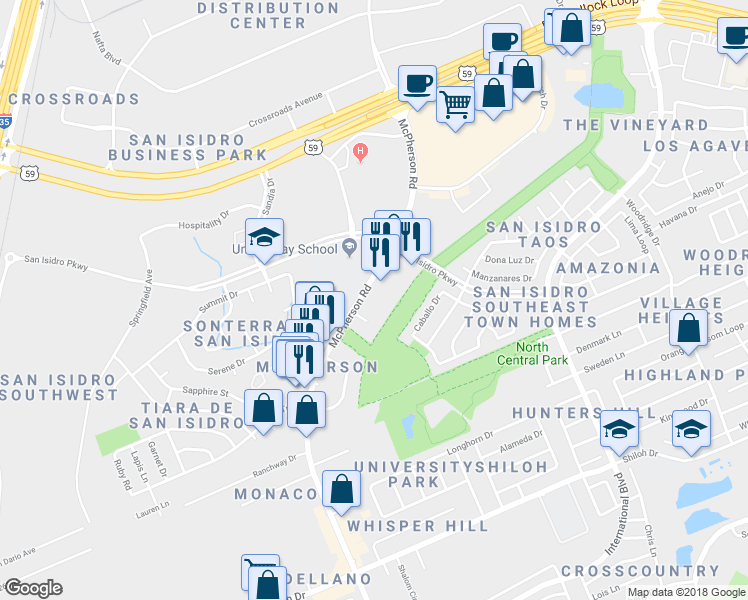 map of restaurants, bars, coffee shops, grocery stores, and more near 10201 McPherson Road in Laredo