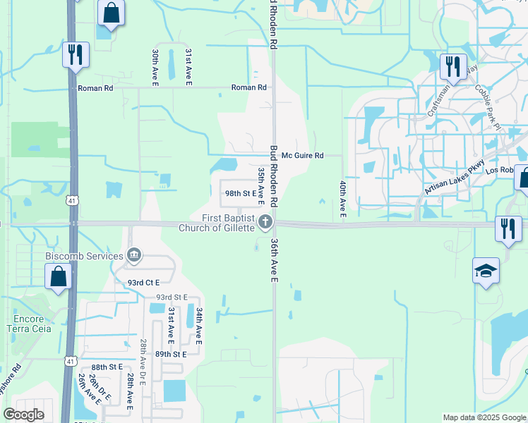 map of restaurants, bars, coffee shops, grocery stores, and more near 9702 35th Avenue East in Palmetto