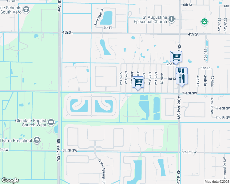 map of restaurants, bars, coffee shops, grocery stores, and more near 5165 East 1st Square Southwest in Vero Beach